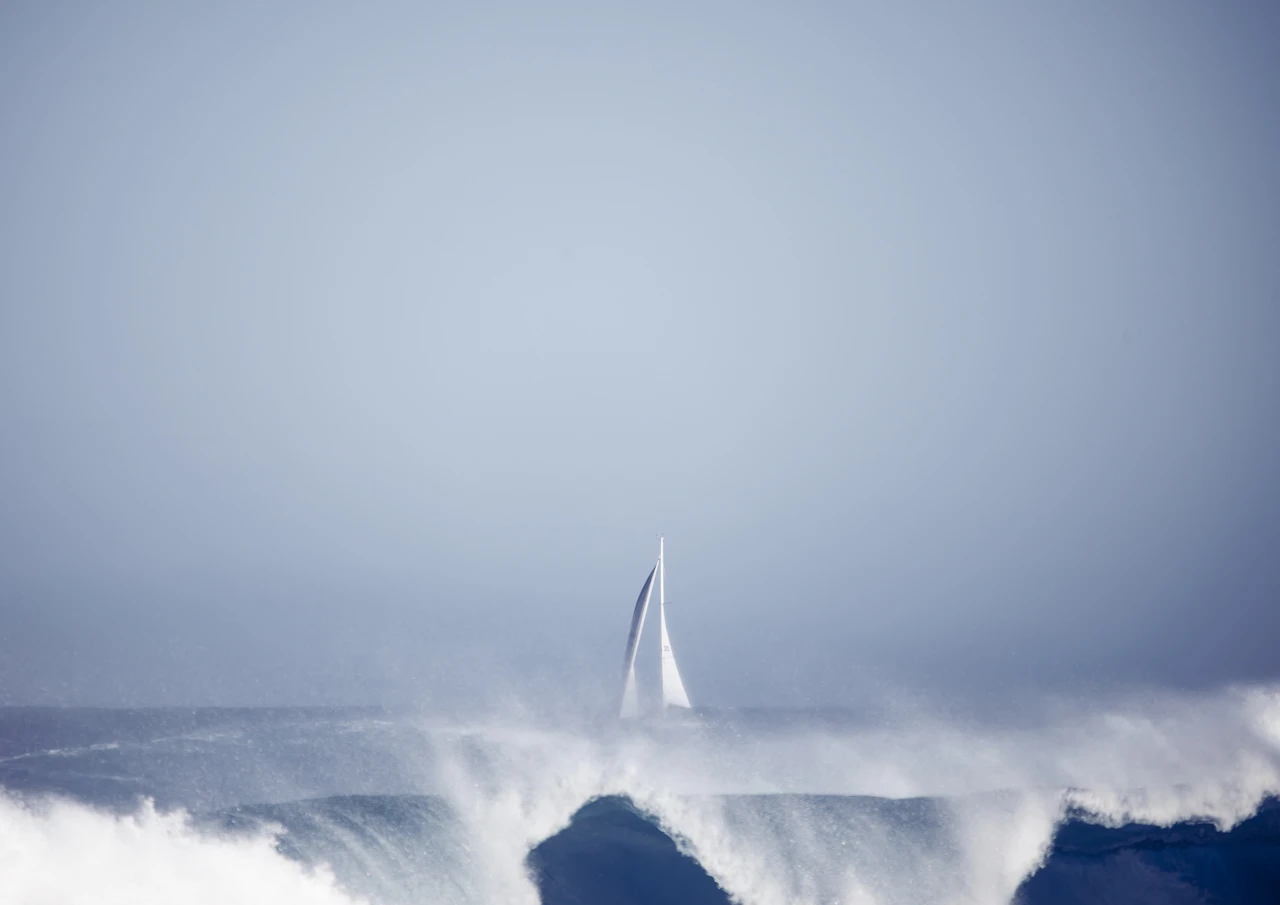 White yacht sails by behind a wave